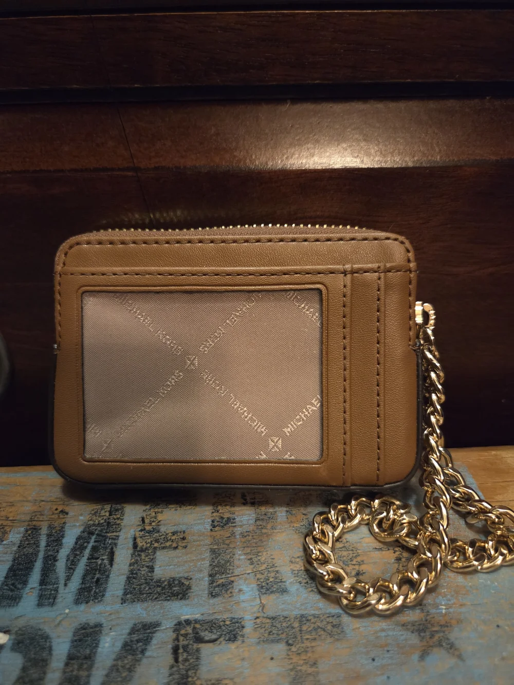 Michael Kors Beige Logo Wristlet with Gold Chain Strap